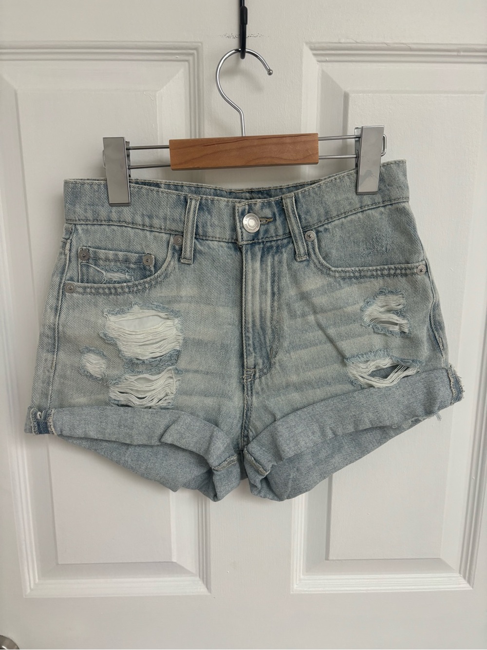 High-Rise Light Wash Distressed Mom Denim Shorts
